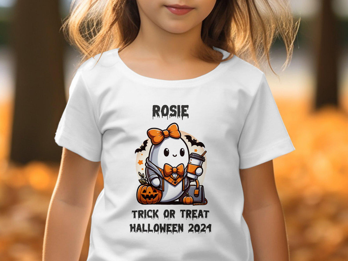 Girls Personalized Halloween TShirt Cute Ghost Design Trick or Treat 2024 Custom Name Shirt for Halloween Pumpkin Decor Graphic Tee – Cozy Vibes · High-Quality Print