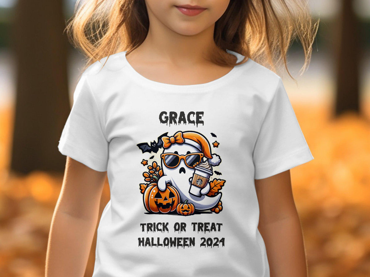 Girls Personalized Halloween TShirt Custom Trick or Treat 2024 Tee Cute Ghost and Pumpkin Design Halloween Outfits for Girls Graphic Tee – Fan Favorite · Must-Have Style