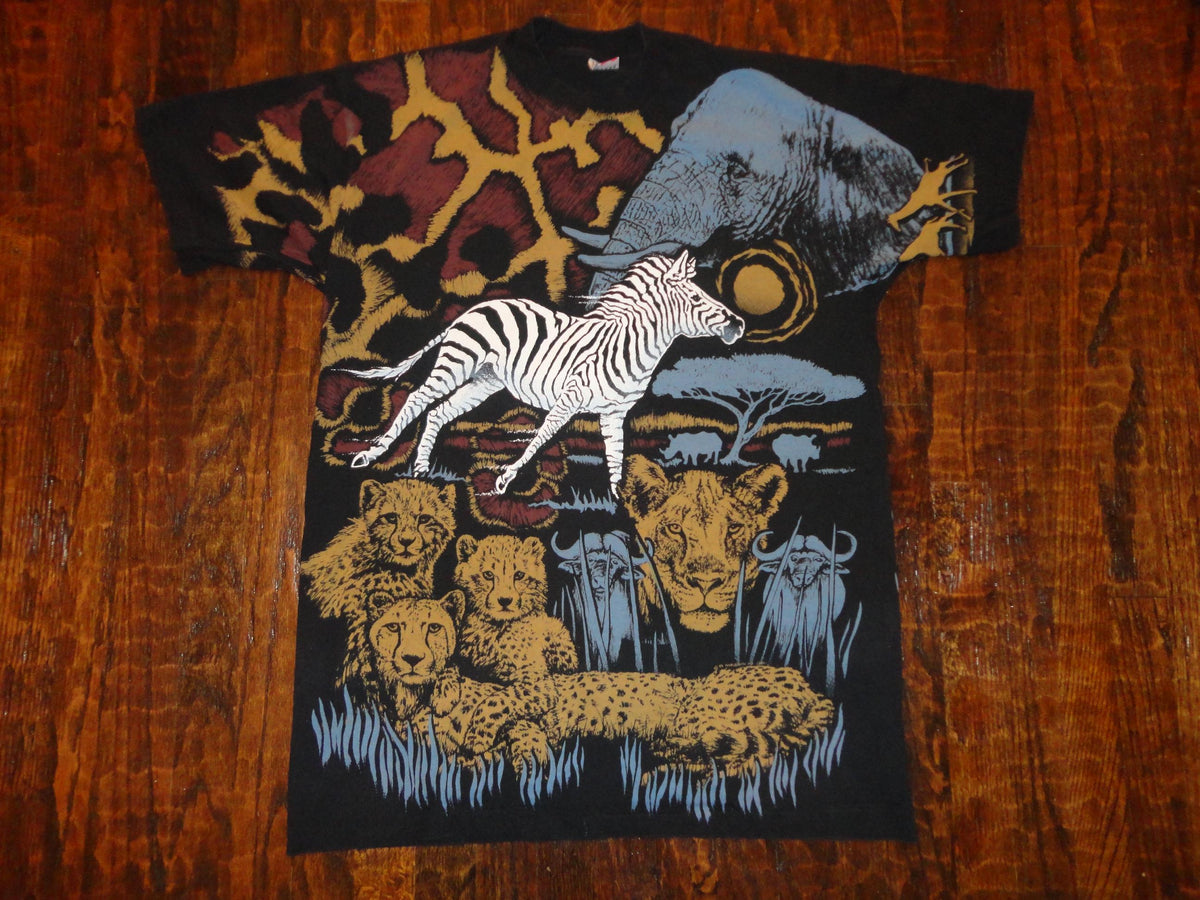 Vintage 9039s Zebra Lion Elephant Safari AOP All Over Print T Shirt Size XL Graphic Tee – Aesthetic Look · Must-Have Style