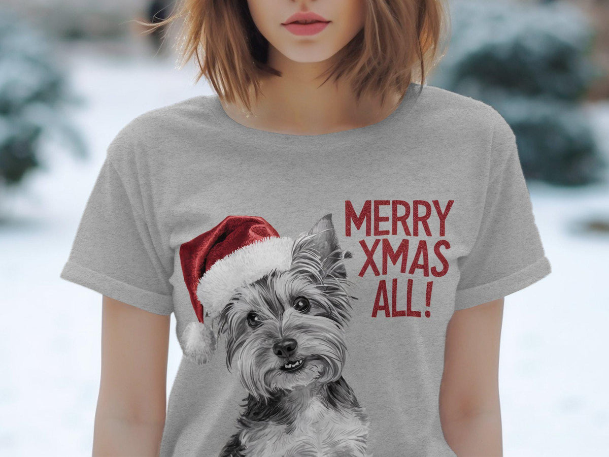 Xmas TShirt Christmas T Shirt Yorkshire Terrier Dog Santa Hat Dog Lover Gifts Pet Christmas Shirt Holiday Season Merry Xmas TShirt Graphic Tee – Fan Favorite · Great Gift For Fans