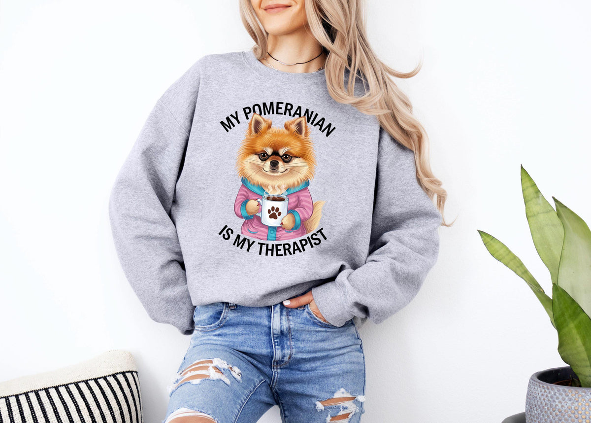 Funny Dog Sweatshirt My Pomeranian Is My Therapist Dog Drinking Coffee Sweatshirt Cute Pomeranian Shirt Humorous Dog Lover Gift Sweatshirt – Cozy Vibes · Perfect For Daily Wear