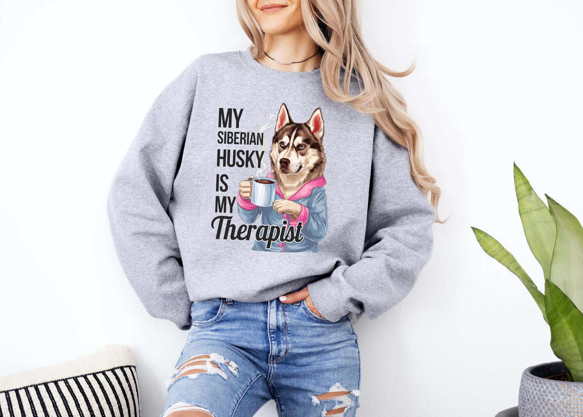 Funny Dog Sweatshirt Therapist Design Dog Drinking Coffee Sweatshirt Siberian Husky Lover Gift Comfortable and Stylish Sweater Sweatshirt – Warm & Stylish · High-Quality Print