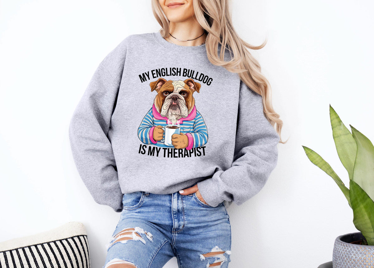 Funny Dog Sweatshirt Dog Therapist Sweatshirt Bulldog Coffee Lover English Bulldog Shirt Humorous Pet Owner Gift Cozy Sweatshirt Sweatshirt – Bold Style · Great Gift For Fans