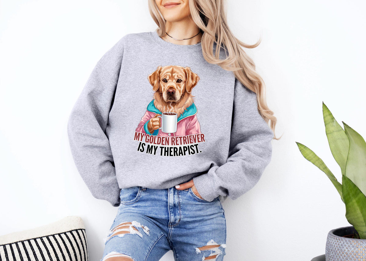 Funny Dog Sweatshirt My Golden Retriever Is My Therapist Sweatshirt Dog Drinking Coffee Sweatshirt Humorous Dog Lover Gift Sweatshirt – Everyday Comfort · Great Gift For Fans