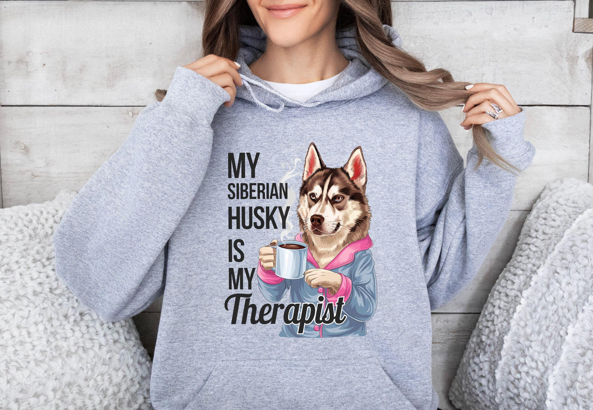 Funny Dog Therapist Unisex Hoodie My Siberian Husky Is My Therapist Hoodie Coffee Drinking Husky Hoodie Gifts for Dog Lovers Hoodie – Cozy Vibes · Top Pick For Any Outfit