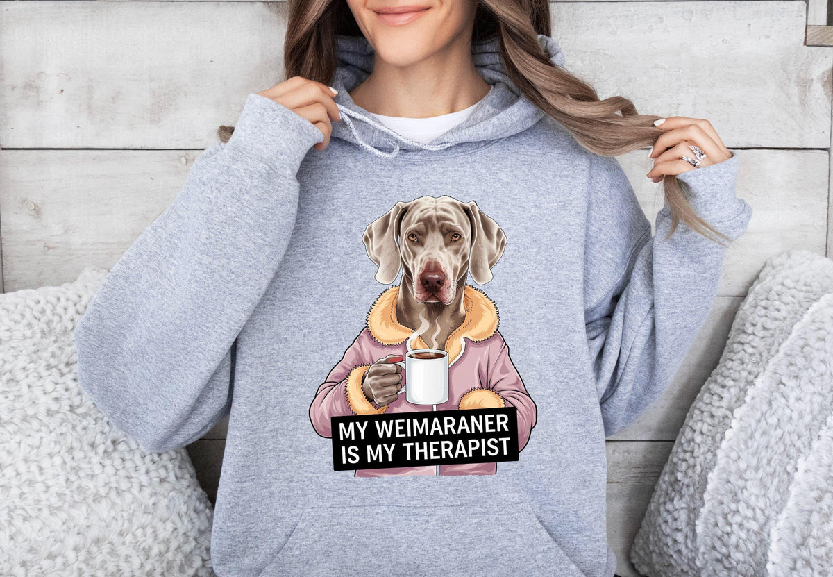 Funny Dog Therapist Hoodie Unisex Hoodie Drinking Coffee My Weimaraner Is My Therapist Hoodie Cute Dog Lover Gift Hoodie Hoodie – Soft Feel · Top Pick For Any Outfit