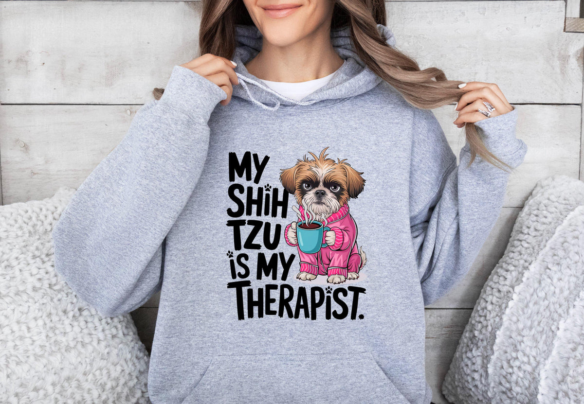 Funny Dog Therapist Unisex Hoodie Drinking Mug of Coffee My Shih Tzu is My Therapist Cute Pet Lover Hoodie Gift Hoodie – Aesthetic Look · Great Gift For Fans