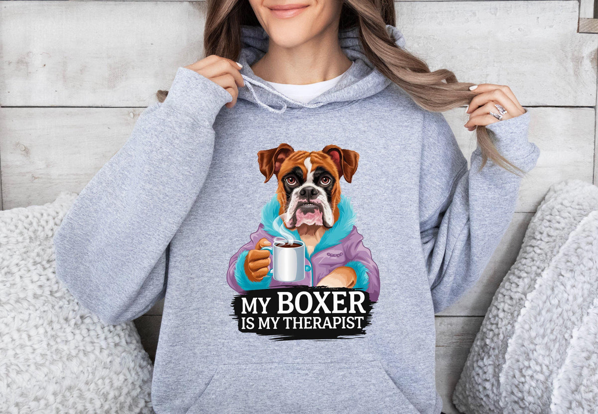 Funny Dog Therapist Unisex Hoodie My Boxer Is My Therapist Drinking Coffee Cozy Hooded Sweatshirt for Dog Lovers Gift Hoodie – Everyday Comfort · Perfect For Daily Wear