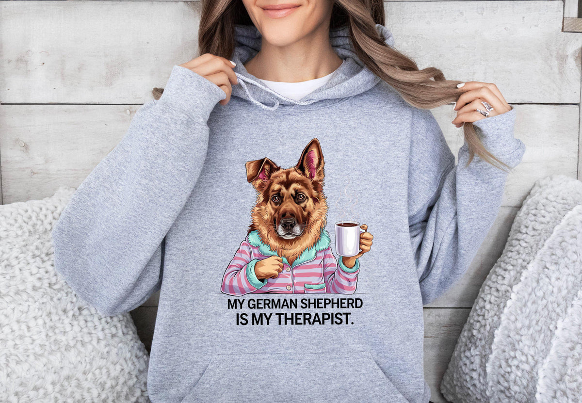 Funny Dog Therapist Unisex Hoodie Drinking Coffee My German Shepherd is My Therapist Unique Dog Lover Hoodie Gift for Dog Owner Hoodie – Everyday Comfort · Must-Have Style