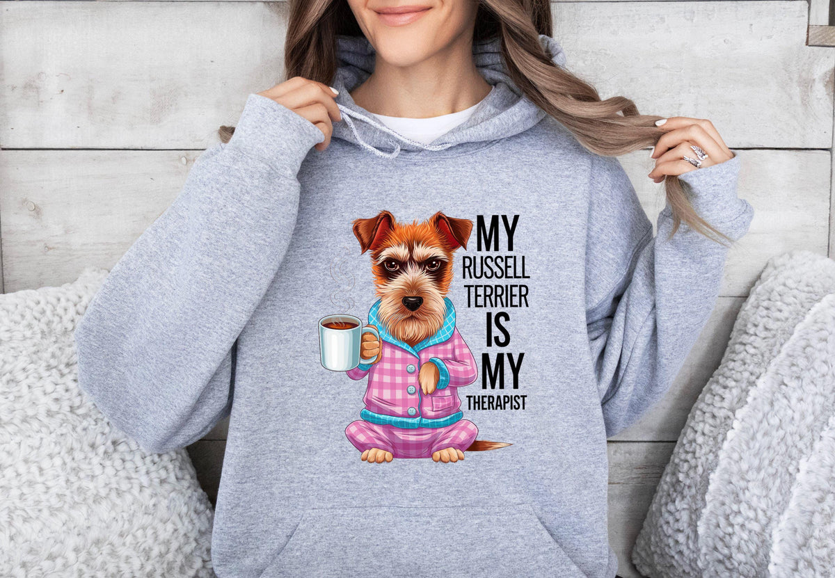 Funny Dog Therapist Unisex Hoodie Drinking Coffee Russell Terrier Design Cute Dog Lover Gift Casual Unisex Hoodie for Dog Owners Hoodie – Bold Style · Must-Have Style