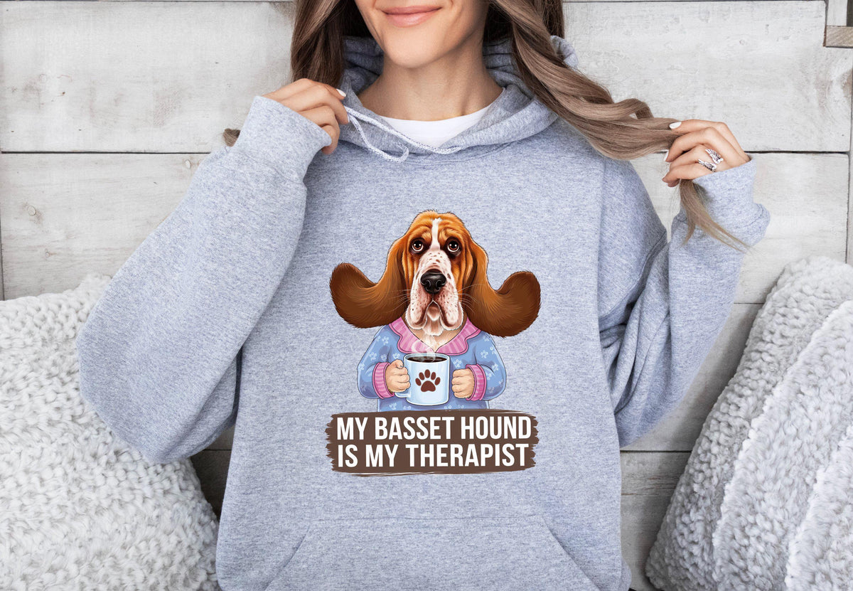 Funny Dog Therapist Unisex Hoodie Basset Hound Drinking Coffee Casual Wear Gift for Pet Lovers Unique Illustration Hoodie – Cozy Vibes · Top Pick For Any Outfit