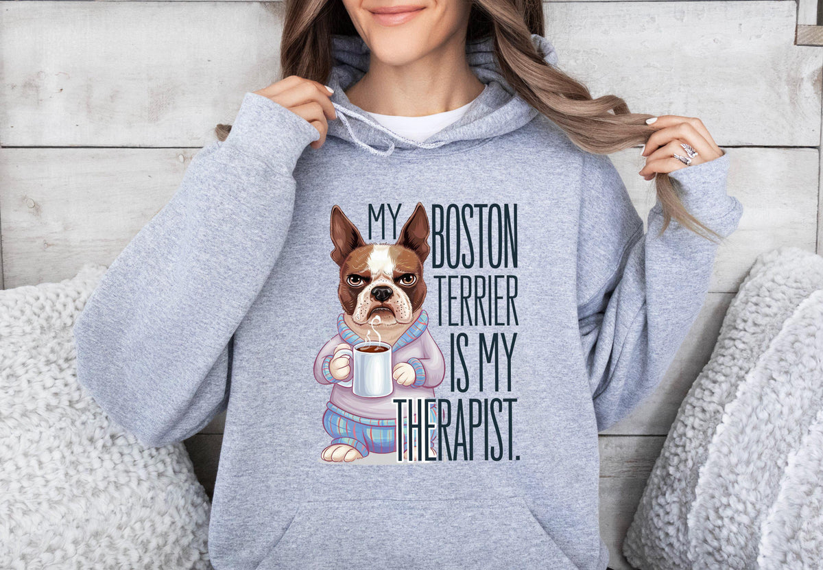 Funny Dog Therapist Unisex Hoodie Drinking a Mug of Coffee Boston Terrier Hoodie for Dog Lovers Cozy and Comfy Design Hoodie – Easygoing Wear · Great Gift For Fans