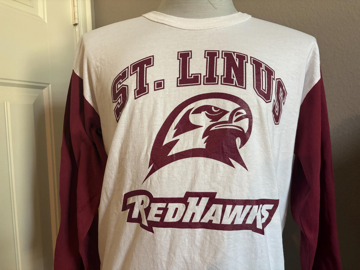 Vintage 9039s St Linus Redhawks Mascot Highschool Longsleeve T shirt L Graphic Tee – Easygoing Wear · High-Quality Print
