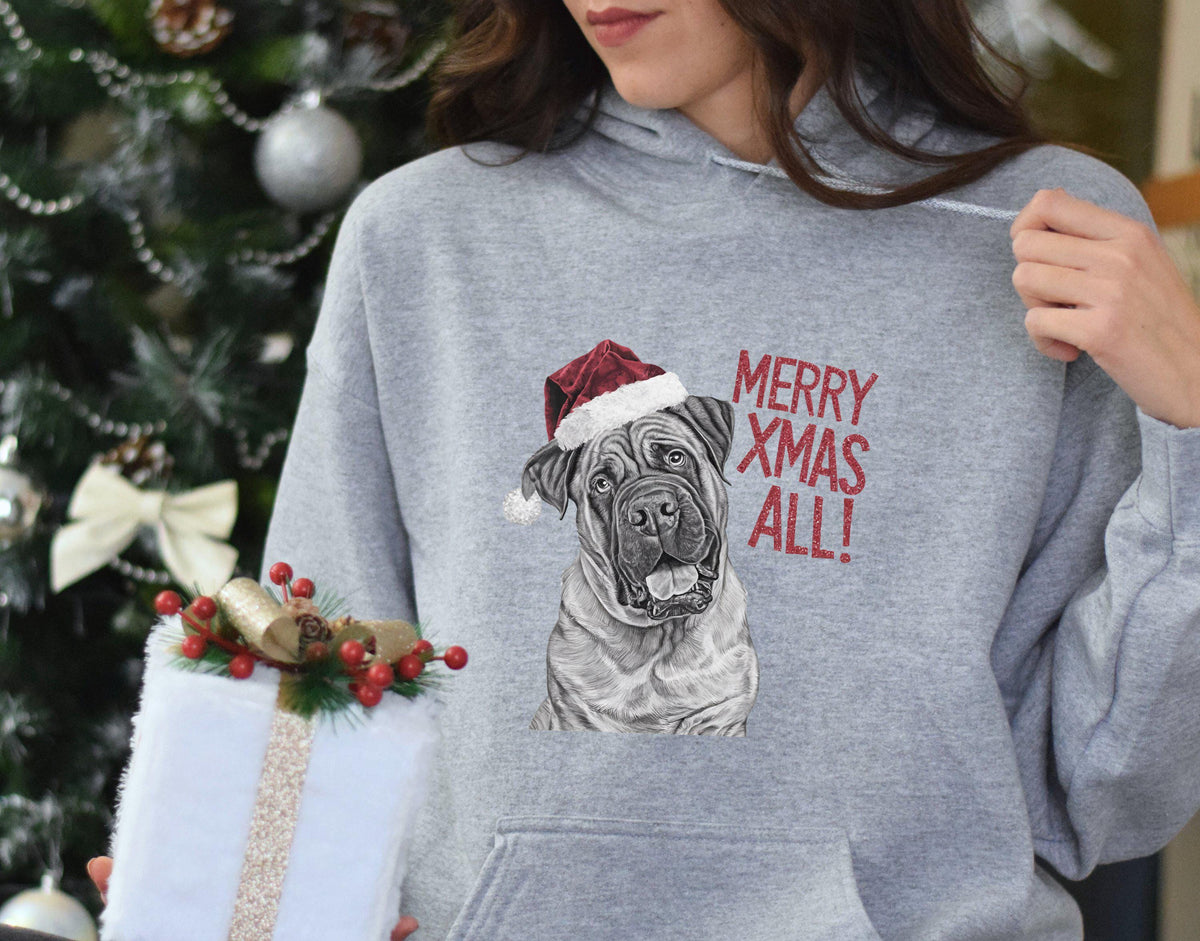 Xmas Hoodie English Mastiff Dog Wearing Red Santa Hat Merry Xmas All Xmas Jumper Day Sweatshirt Festive Dog Christmas Hoodie Hoodie – Soft Feel · Great Gift For Fans