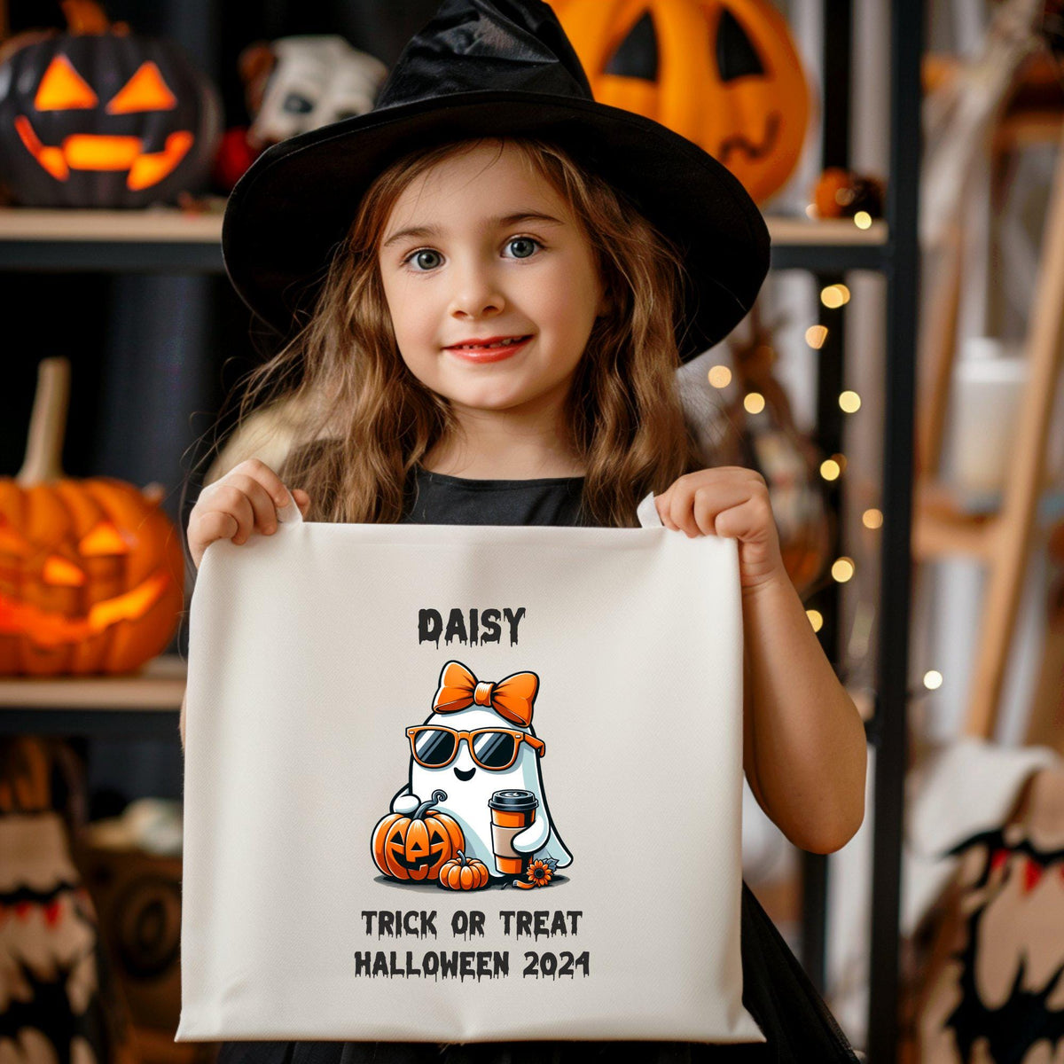 Girls Custom Personalized Halloween Tote Bag Trick or Treat Bag Cute Ghost Design Pumpkin and Coffee Halloween 2024 Tote Bag – Cozy Vibes · Great Gift For Fans