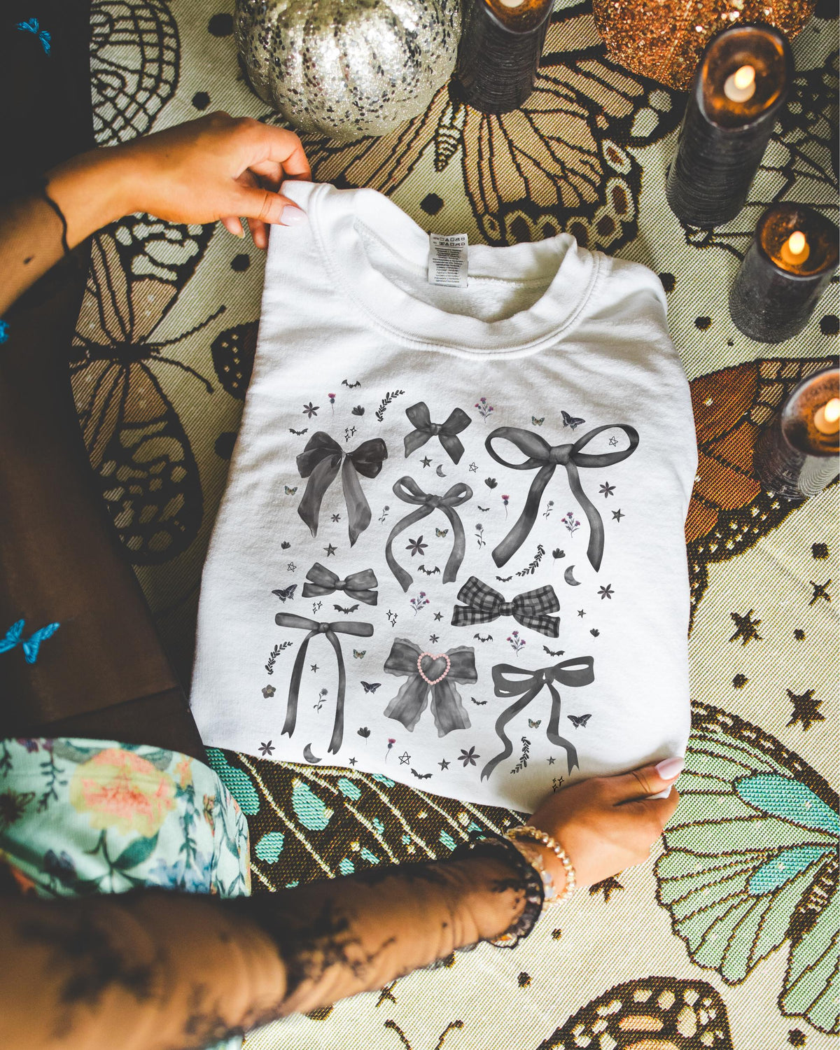Cute Gothic Halloween Sweatshirt for Spooky Sister Who Loves Bows Boho Halloween Goblincore Crewneck Butterfly Lover Shirt Witchy Vibes Sweatshirt – Aesthetic Look · Trending Graphic Apparel