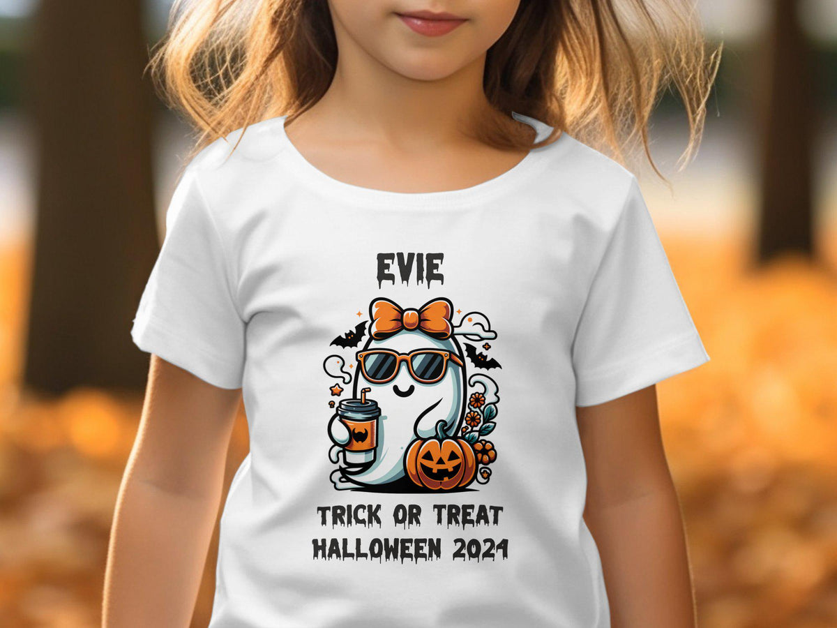 Girls Personalized Halloween TShirt Cute Ghost with Pumpkin Trick or Treat 2024 Halloween Tee Spooky Holiday Shirt for Kids Graphic Tee – Cozy Vibes · Great Gift For Fans
