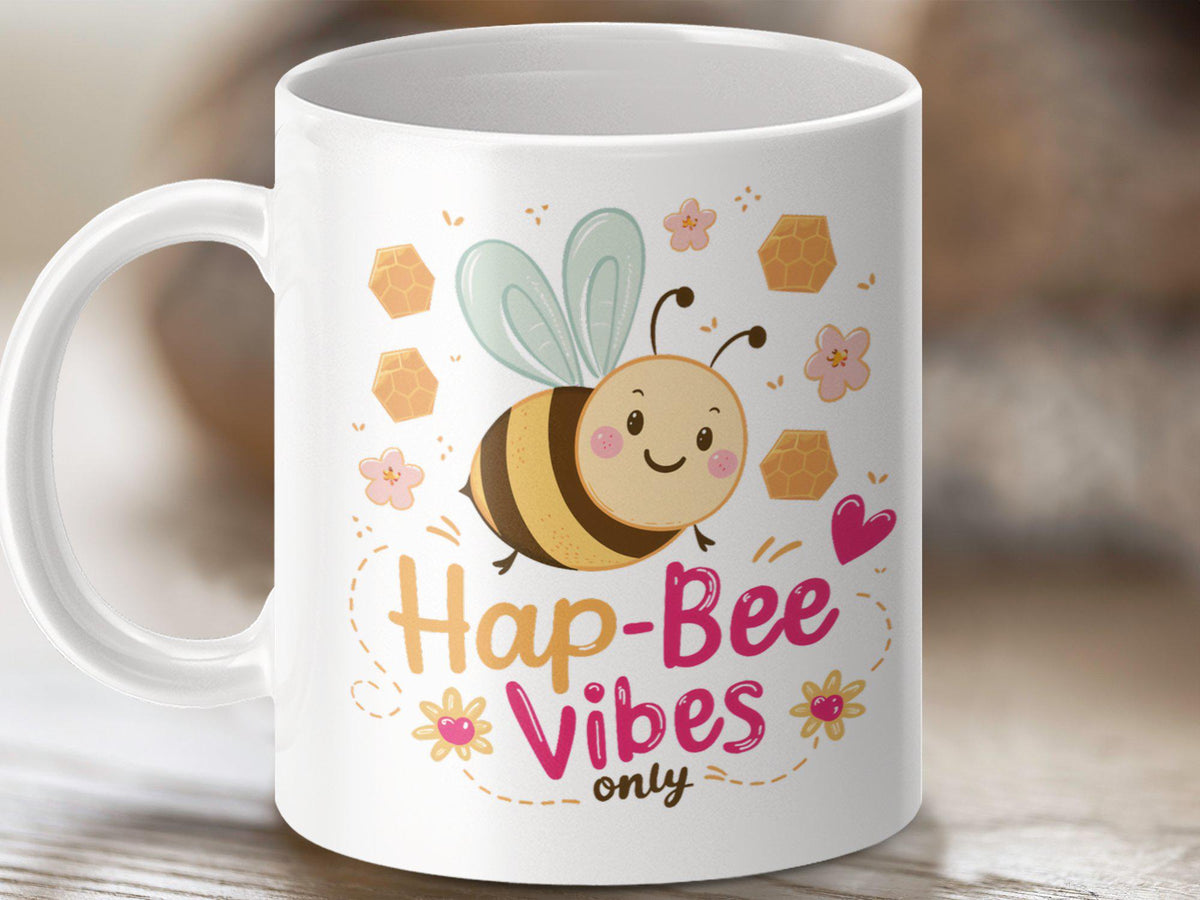 HapBee Vibes Only Coffee Mug Funny Bee Design Mug Bee Tea Mug Fun Bee Gift Idea Cute Honey Bee Mug Bee Lover Gift Bee Themed Mug Graphic Tee – Aesthetic Look · Trending Graphic Apparel