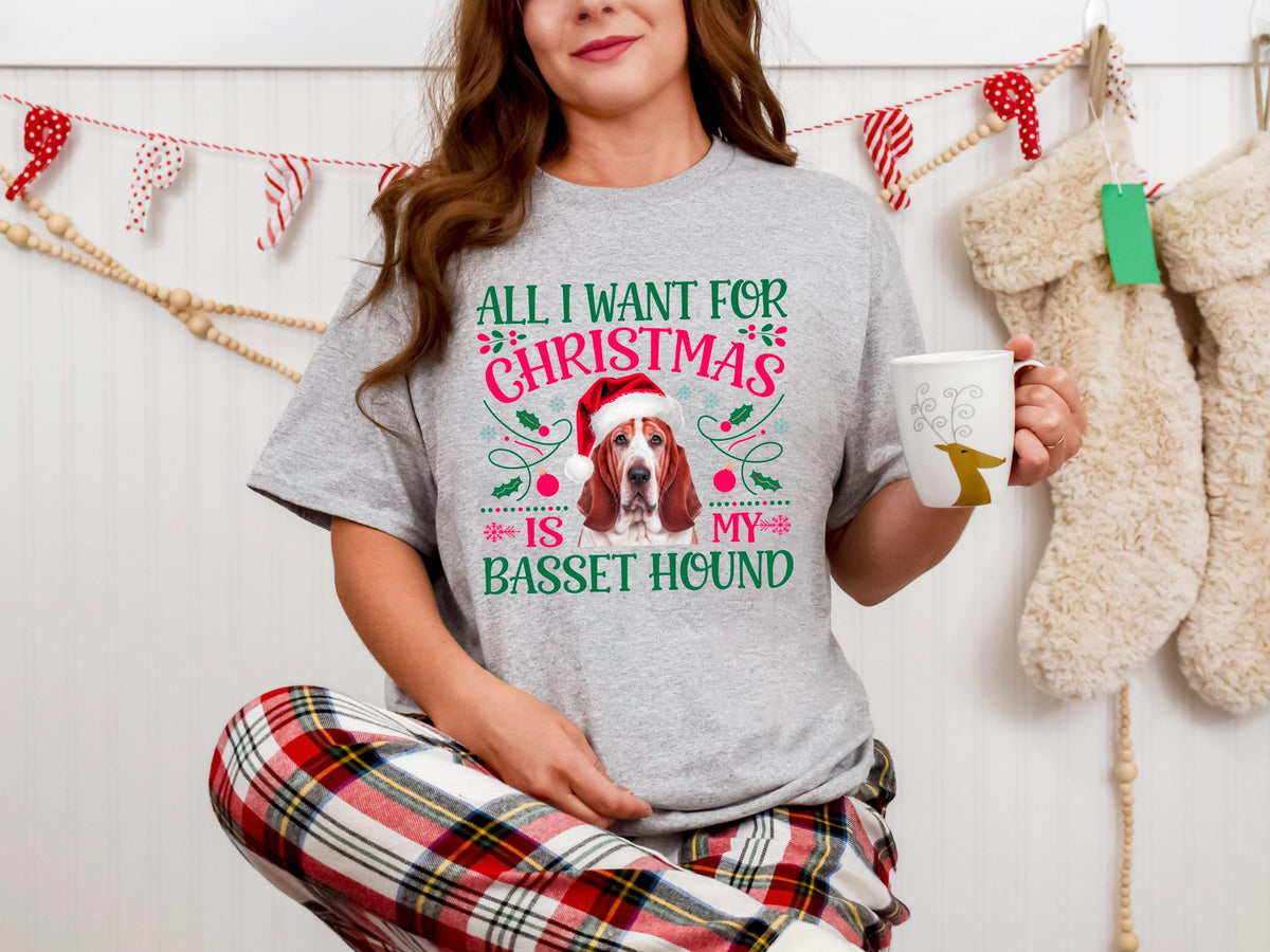 Xmas tshirt for dog lovers Christmas shirt with Basset Hound All I want for Xmas is my Basset Hound tee Graphic Tee – Premium Graphic · Great Gift For Fans