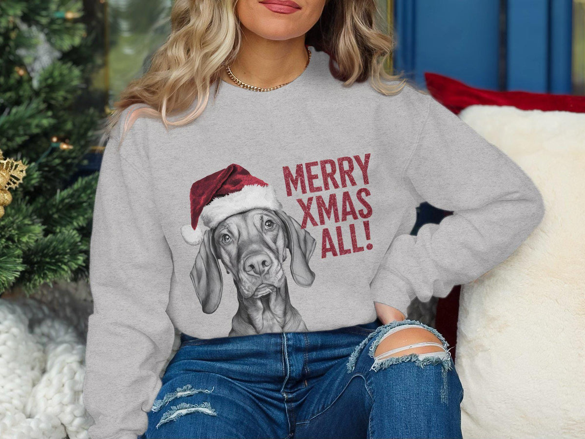 Xmas Sweater Christmas Sweatshirt Vizla Dog Santa Hat Dog Lover Gifts Pet Christmas Shirt Holiday Season Merry Xmas Jumper Sweatshirt – Premium Graphic · Great Gift For Fans