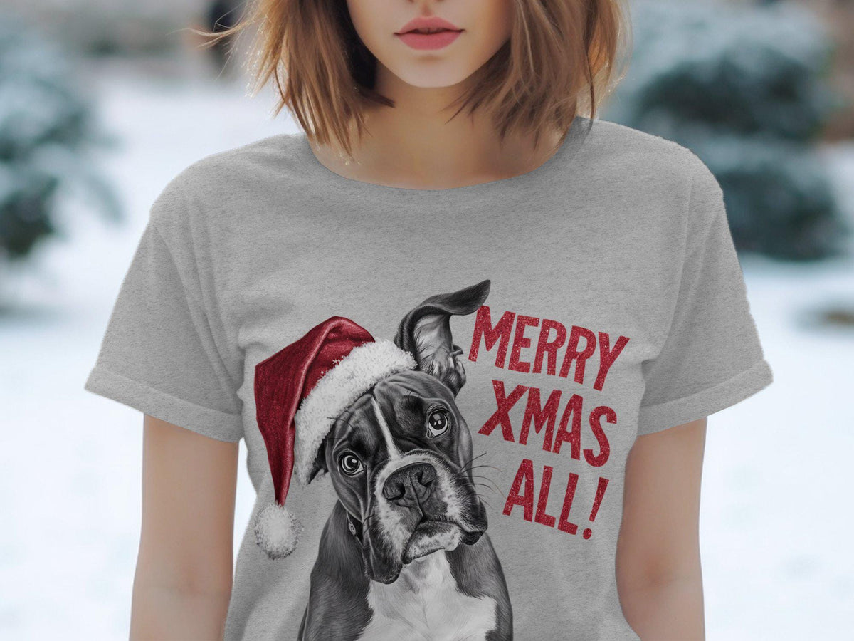 Xmas TShirt Christmas T Shirt Boxer Dog Santa Hat Dog Lover Gifts Pet Christmas Shirt Holiday Season Merry Xmas TShirt Graphic Tee – Soft Feel · Top Pick For Any Outfit