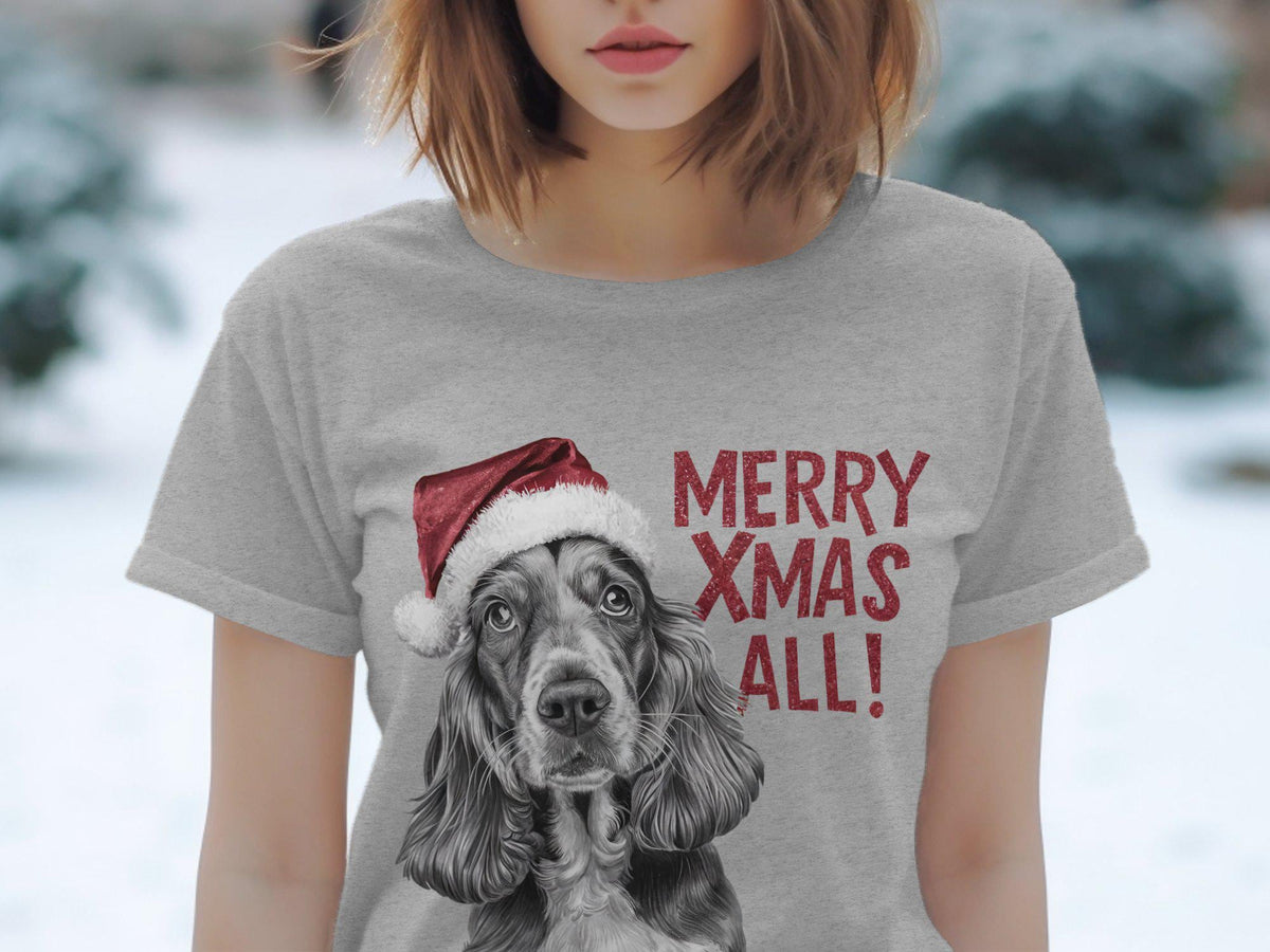 Xmas TShirt Christmas T Shirt Cocker Spaniel Dog Santa Hat Dog Lover Gifts Pet Christmas Shirt Holiday Season Merry Xmas TShirt Graphic Tee – Warm & Stylish · Great Gift For Fans