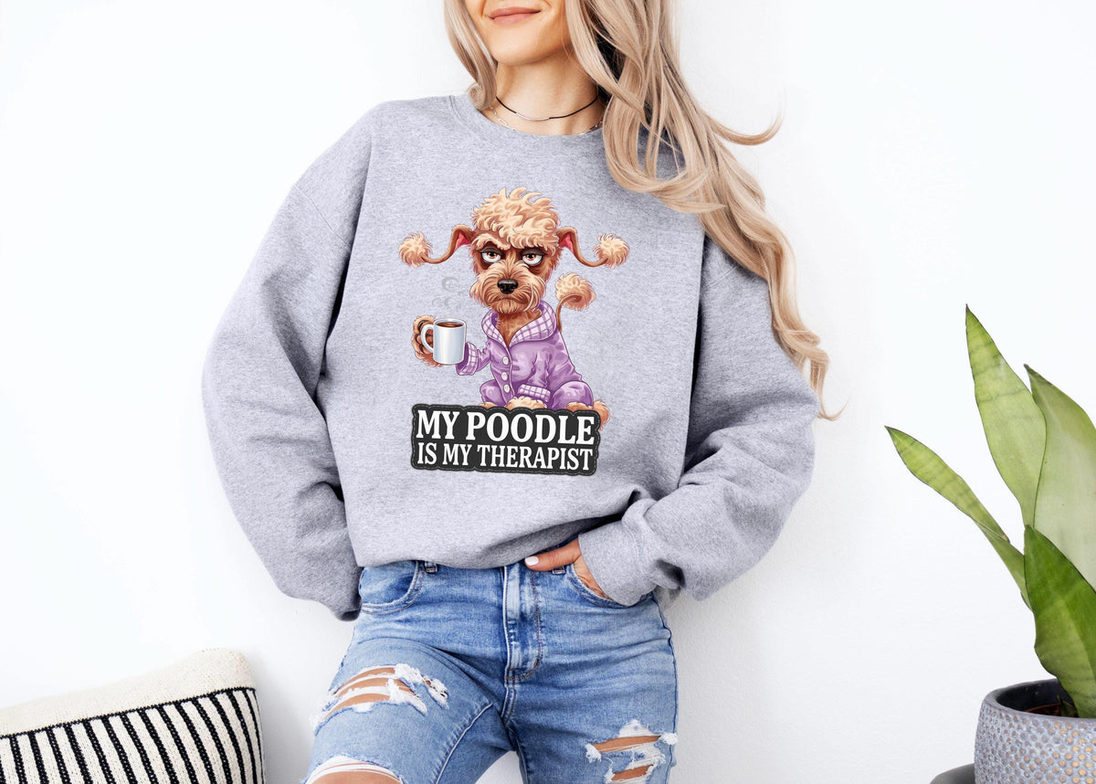 Funny Dog Sweatshirt Poodle Is My Therapist Design Cute Dog Drinking Coffee Dog Lover Gift Unique Pet Humor Cozy Sweatshirt Sweatshirt – Cozy Vibes · Perfect For Daily Wear