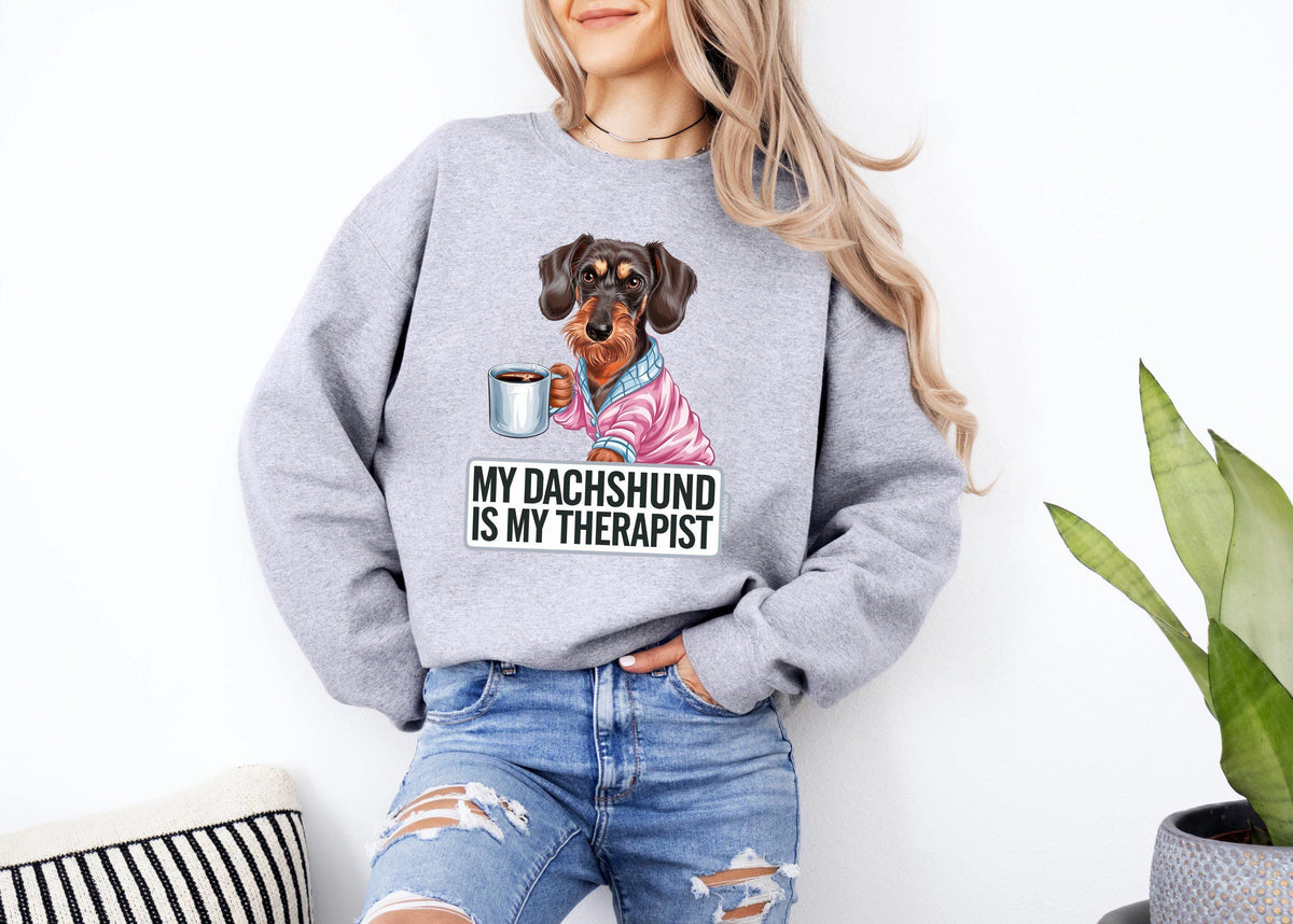 Funny Dog Sweatshirt Dachshund Therapist Sweatshirt Dog Drinking Coffee Clothing Dog Lover Gift Cozy Graphic Sweater Sweatshirt – Premium Graphic · Perfect For Daily Wear
