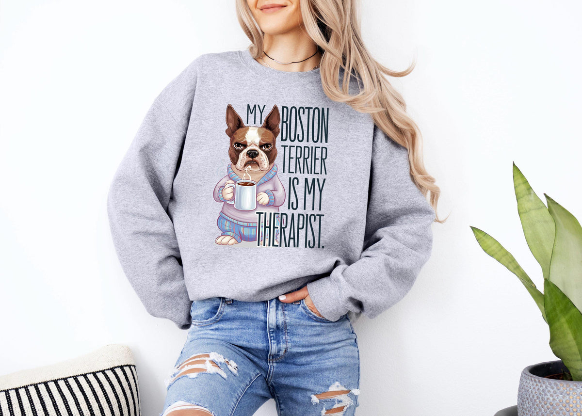 Funny Dog Sweatshirt Boston Terrier Therapy Sweatshirt Dog Drinking Coffee Pullover Cute Dog Lover Sweater Humorous Dog Apparel Sweatshirt – Cozy Vibes · Perfect For Daily Wear