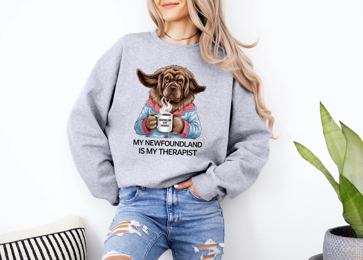 Funny Dog Sweatshirt Newfoundland is My Therapist Design Coffee Drinking Dog Sweatshirt Unique Dog Lover Gift Therapist Dog Hoodie Hoodie – Fan Favorite · Great Gift For Fans