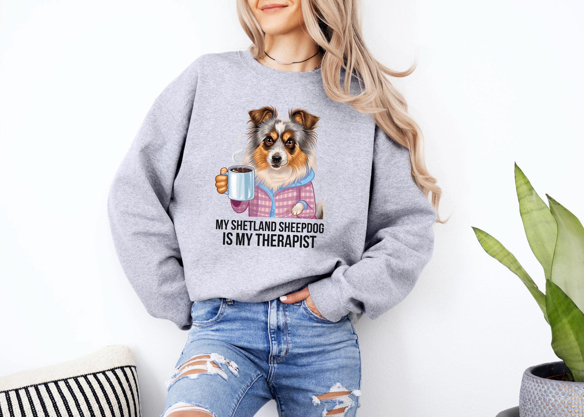 Funny Dog Therapist Sweatshirt Shetland Sheepdog Drinking Coffee Dog Lover Gift Humorous Pet Sweater Cute Dog Apparel for Dog Owners Sweatshirt – Premium Graphic · High-Quality Print