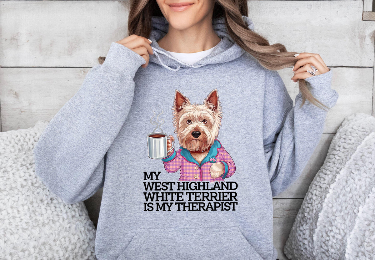 Funny Dog Therapist Unisex Hoodie Drinking Mug of Coffee West Highland White Terrier Design Unique Graphic Hoodie Gift Hoodie – Everyday Comfort · Trending Graphic Apparel