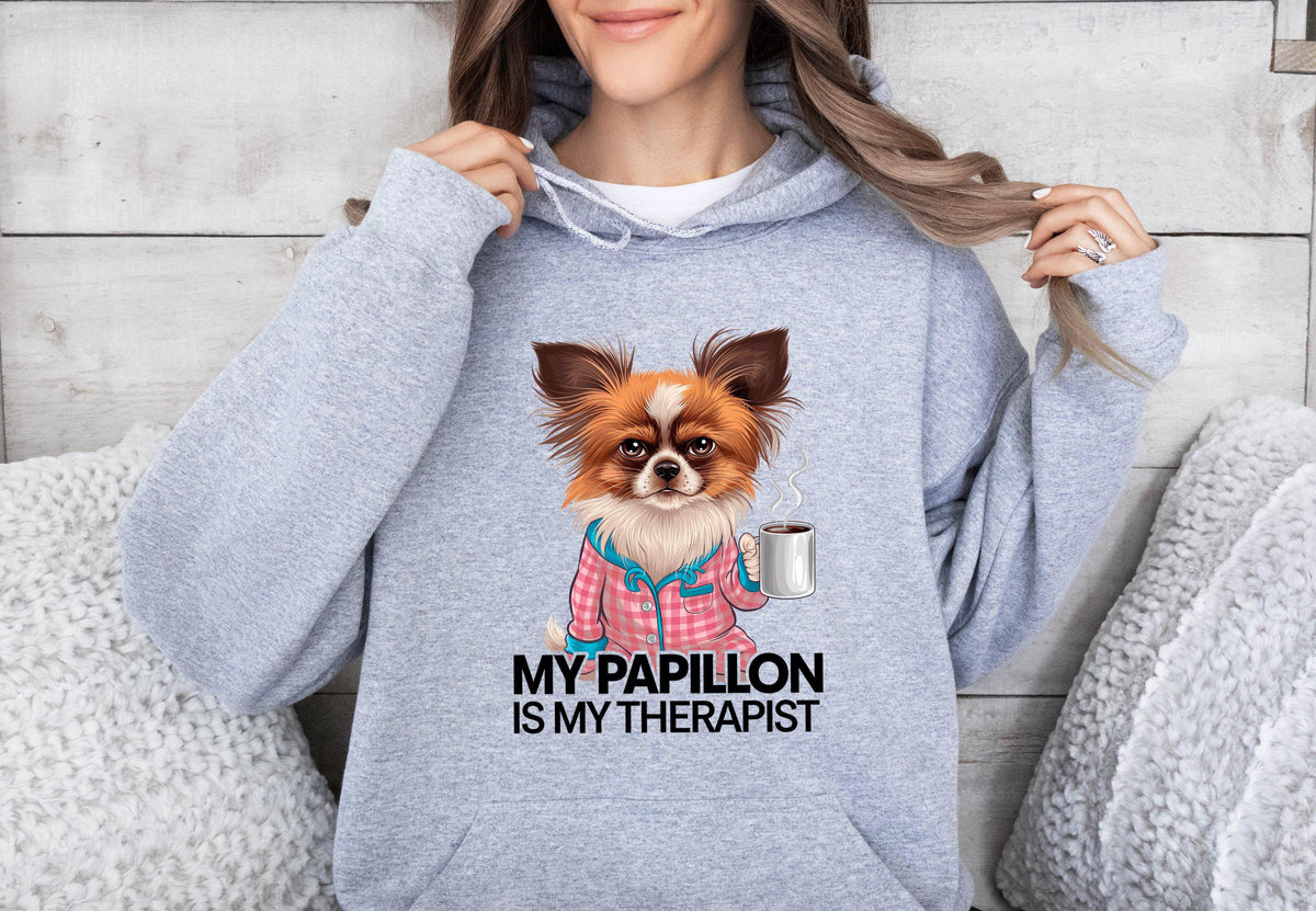 Funny Dog Therapist Unisex Hoodie Drinking a Mug of Coffee My Papillon Is My Therapist Hoodie Cute Dog Lover Gift Hoodie – Aesthetic Look · Perfect For Daily Wear