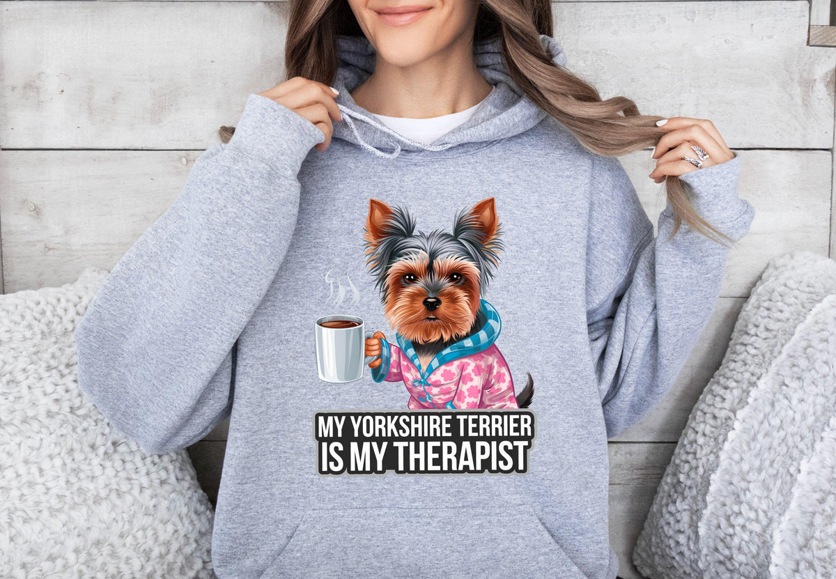 Funny Dog Therapist Unisex Hoodie Drinking Coffee Yorkshire Terrier Design Cute Dog Lover Gift Unisex Hooded Sweatshirt Hoodie – Fan Favorite · Great Gift For Fans