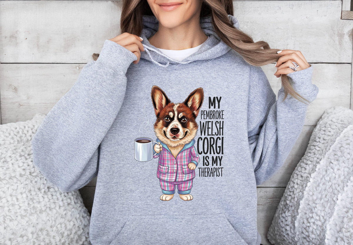 Funny Dog Therapist Unisex Hoodie Cute Pembroke Welsh Corgi Drinking Coffee Cozy and Comfy Hoodie Gift for Dog Lovers Unique Hoodie Hoodie – Bold Style · High-Quality Print