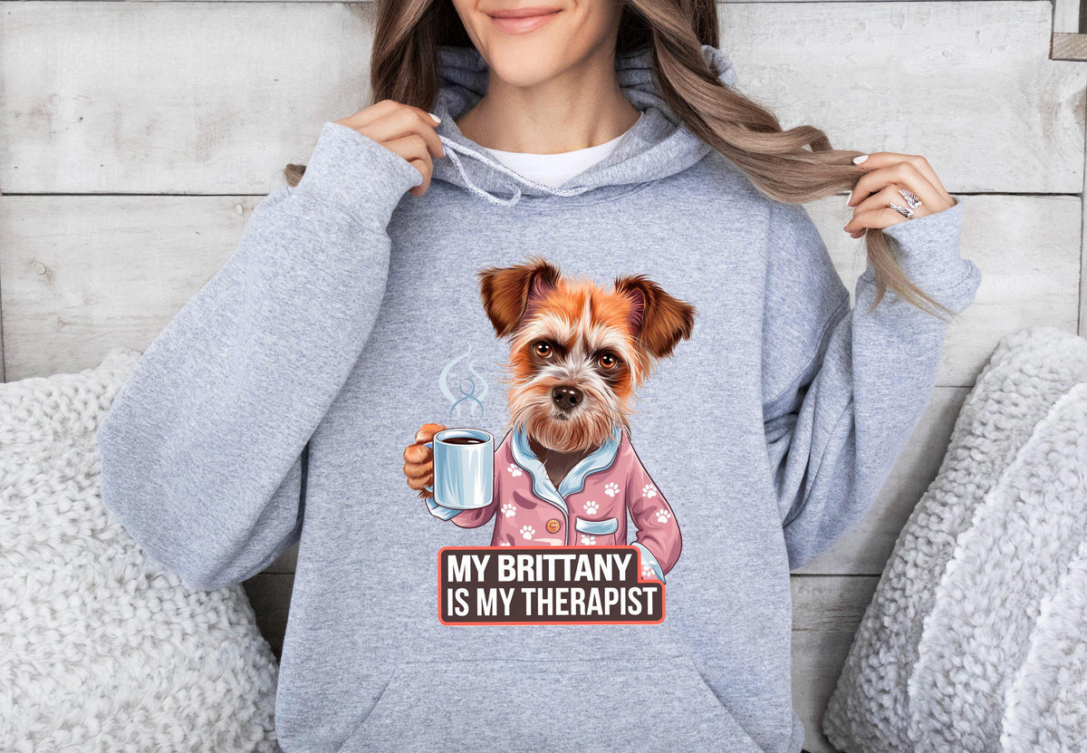 Funny Dog Therapist Unisex Hoodie Drinking Coffee My Brittany Is My Therapist Cute Dog Lover Hoodie Cozy and Unique Gift Idea Hoodie – Easygoing Wear · Great Gift For Fans