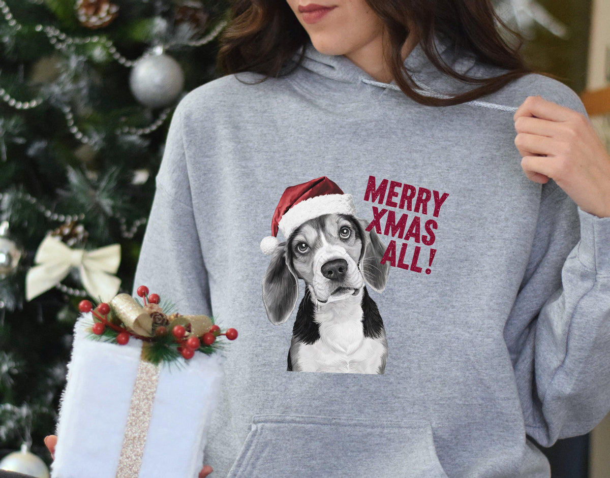 Xmas Hoodie Beagle Dog In Red Santa Hat Saying Merry Xmas All Christmas Hoodie Holiday Sweatshirt Xmas Jumper Day Cute Dog Xmas Gift Hoodie – Fan Favorite · Perfect For Daily Wear