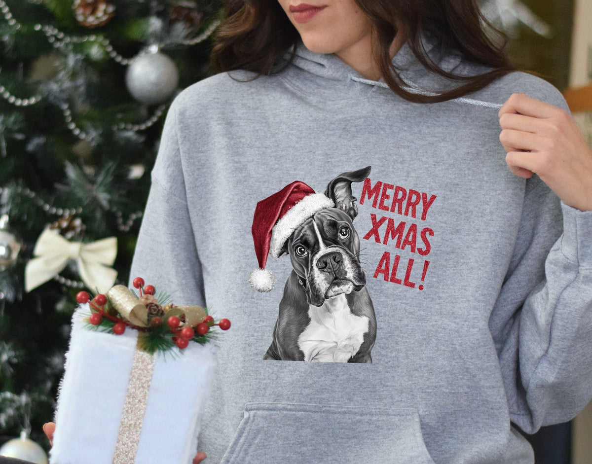 Cute Xmas Boxer Dog Hoodie Red Santa Hat Merry Xmas All Christmas Jumper Day Festive Holiday Sweatshirt Gift Idea Dog Lovers Hoodie – Everyday Comfort · Great Gift For Fans
