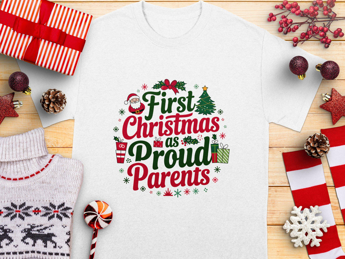 First Christmas as Proud Parents TShirt Cute Holiday Gift Festive Christmas Tee Family Holiday Shirt New Parents Christmas Top Graphic Tee – Premium Graphic · Must-Have Style