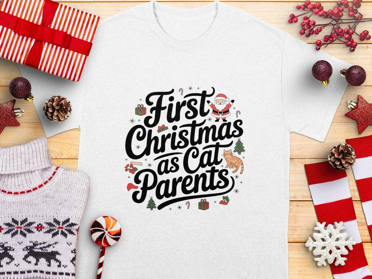 First Christmas as Cat Parents TShirt Funny Cat Themed Christmas Gift Idea Cute Christmas Cat Shirt for New Cat Parents Graphic Tee – Premium Graphic · Perfect For Daily Wear