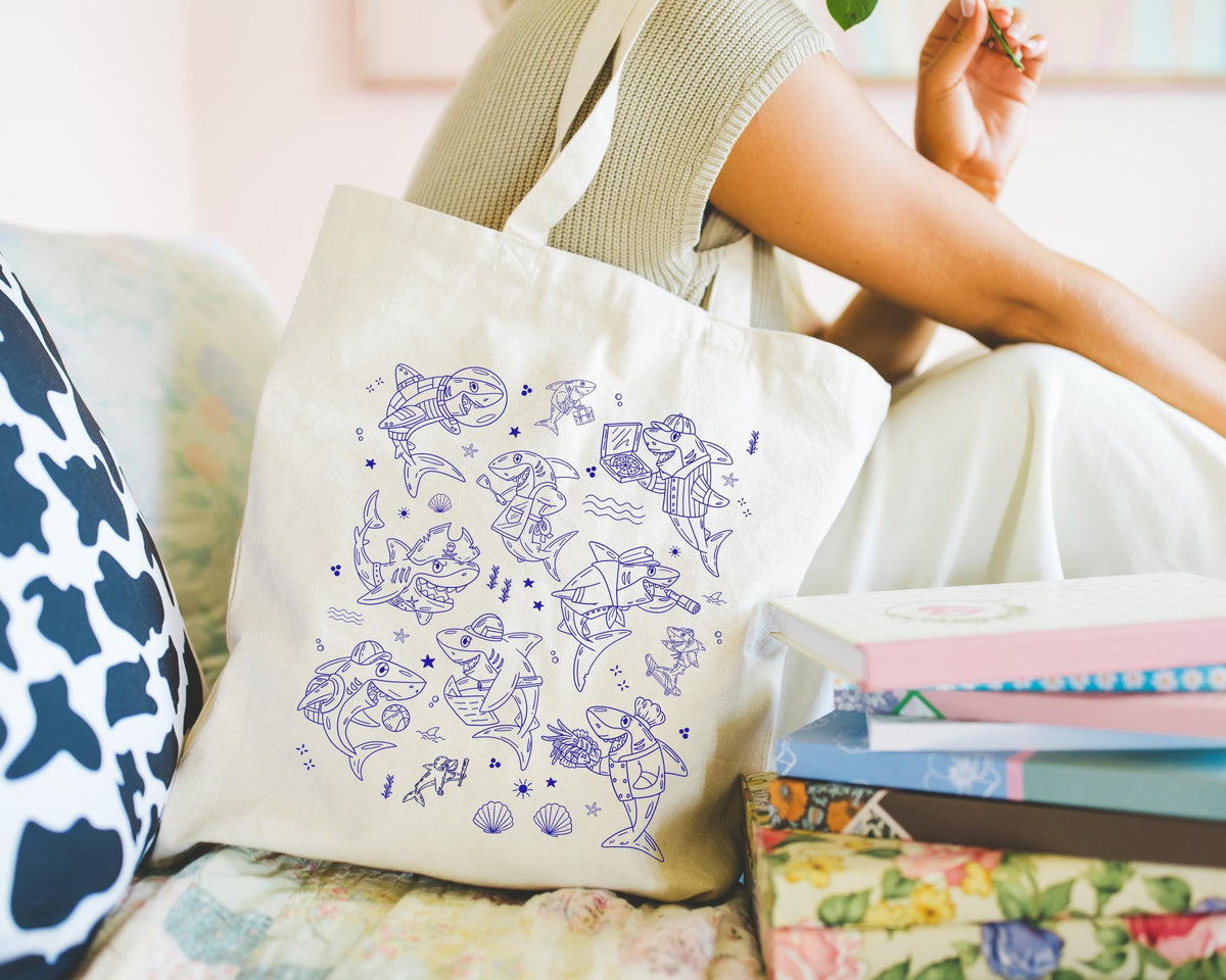Silly Shark Tote for Friend Who Loves Sharks Cute Ocean Tote Bag for Family Cruise or Beach Trip Unique 90s Aesthetic Tattoo Style Tote Tote Bag – Everyday Comfort · High-Quality Print