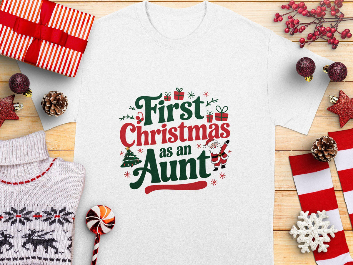 First Christmas as an Aunt Shirt Cute Family Holiday TShirt Christmas Gift for New Aunt Xmas Tree Santa Tee Xmas Present Graphic Tee – Feel-Good Design · Perfect For Daily Wear