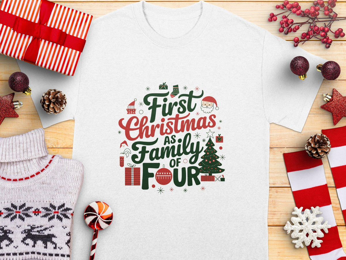 First Christmas As Family Of Four Shirt Cute Family Christmas Tee Holiday Family Matching Shirts Festive Xmas Outfit Graphic Tee – Soft Feel · Top Pick For Any Outfit