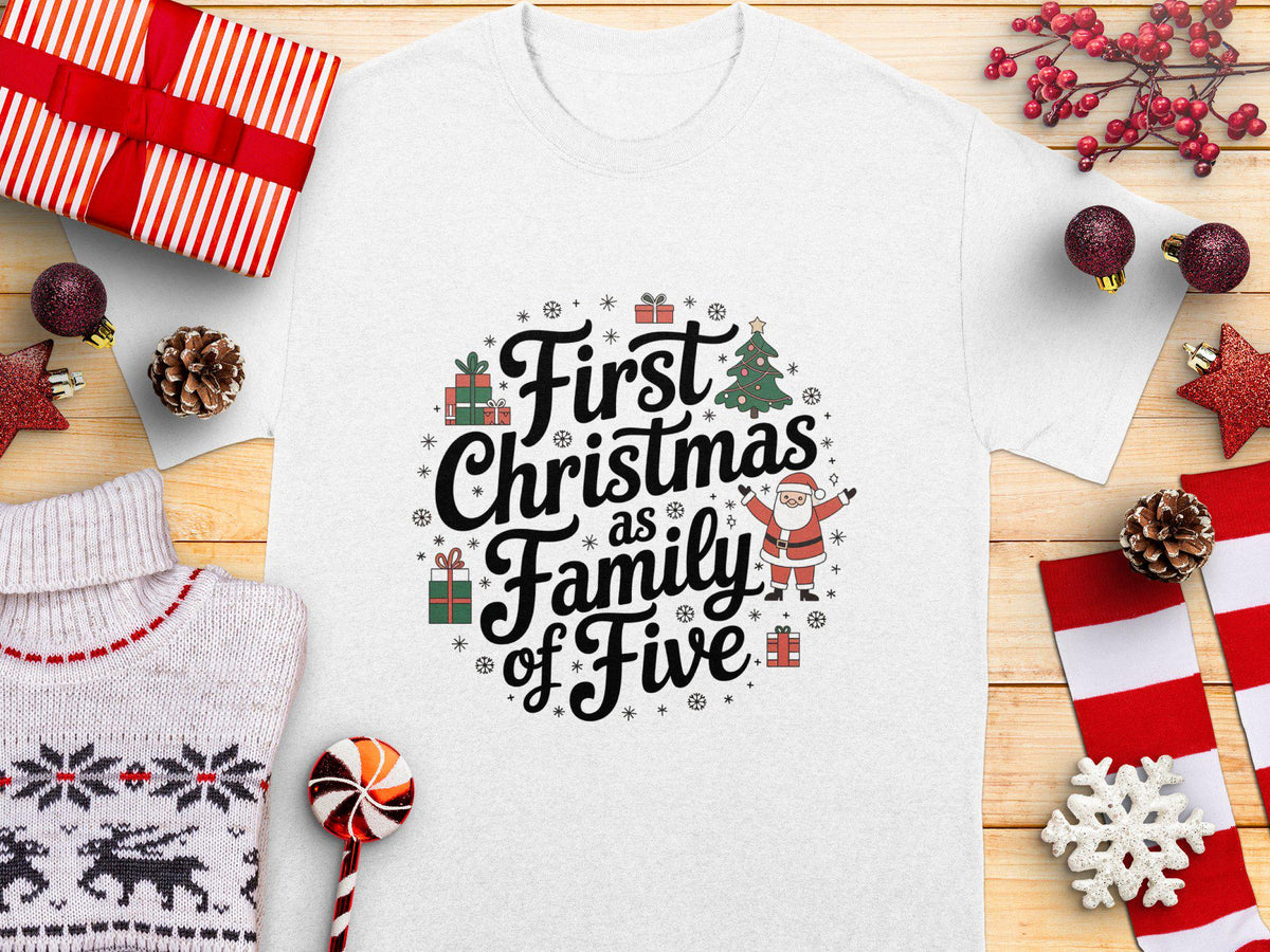 First Christmas as Family of Five TShirt Holiday Family Shirt Matching Christmas Outfit Santa and Tree Graphic Tee Graphic Tee – Bold Style · Trending Graphic Apparel