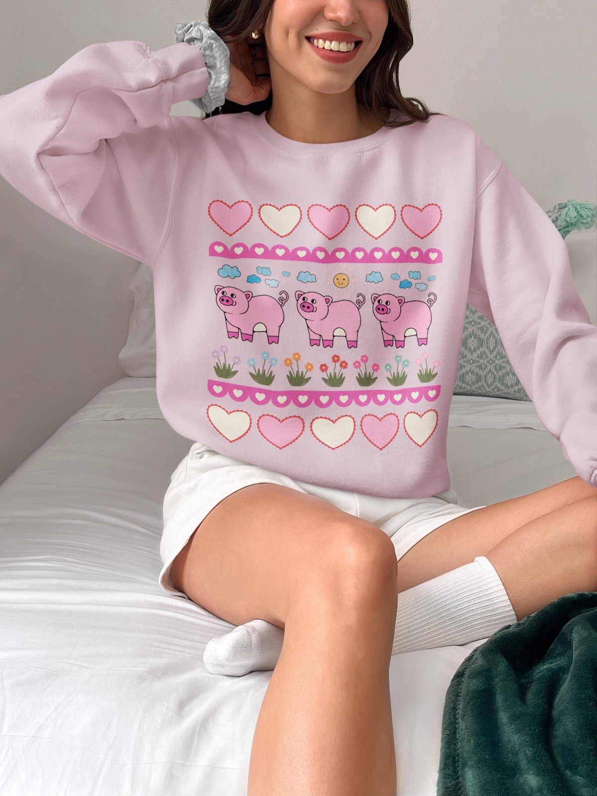 Adorable Pig Sweatshirt with Flowers and Cute Retro Hearts Silly Nineties Throwback Gift Friend who Loves Farm Animals or Fayetteville AR Sweatshirt – Easygoing Wear · Top Pick For Any Outfit