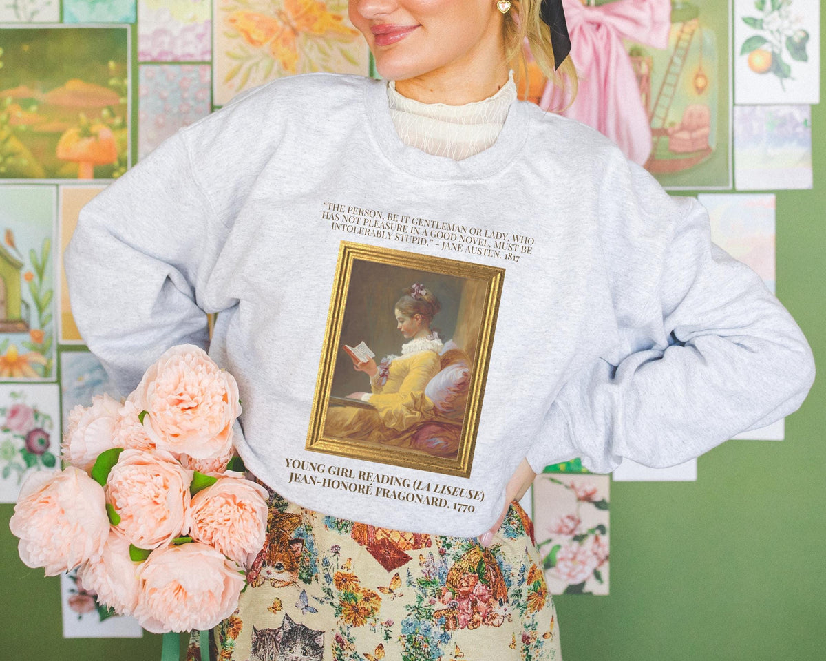Jane Austen Reading Sweatshirt Northanger Abbey Young Girl Reading by JeanHonor Fragonard Cute Bookish Gift for Librarian or Bookworm Sweatshirt – Cozy Vibes · Must-Have Style
