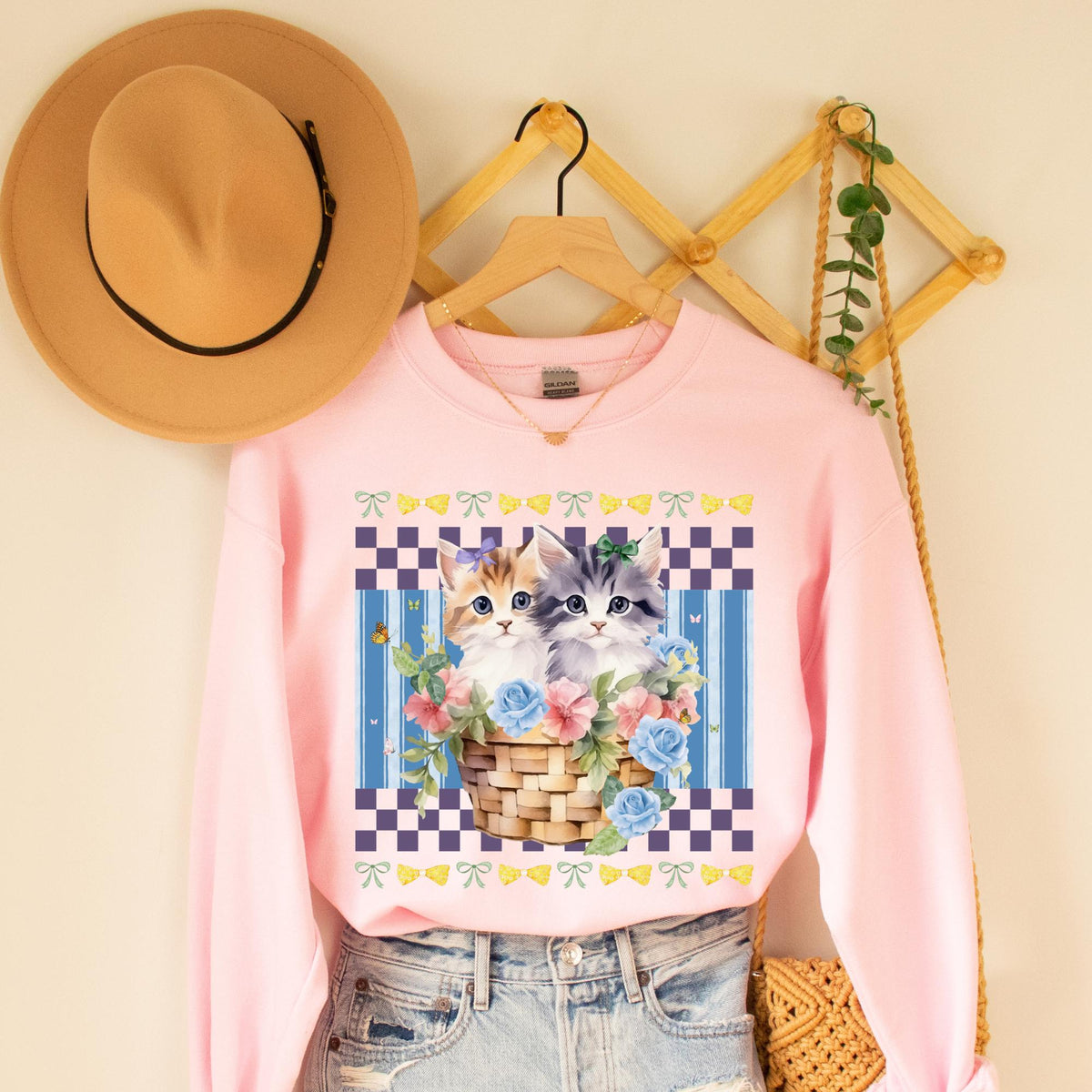 Colorful Cat Mom Sweatshirt with Two Cute Kittens Sitting in a Basket Overflowing with Flowers Boho Butterflies and Bows Silly Cat Dad Sweatshirt – Everyday Comfort · Trending Graphic Apparel