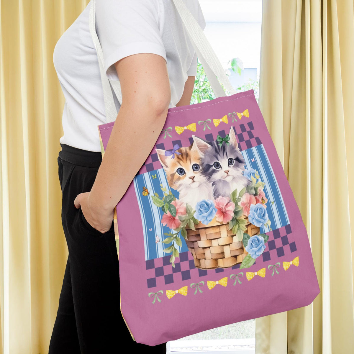 Colorful Cat Mom Tote Bag with Two Cute Kittens Sitting in a Basket Overflowing with Flowers Boho Butterflies and Bows Silly Cat Dad Tote Bag – Everyday Comfort · Trending Graphic Apparel