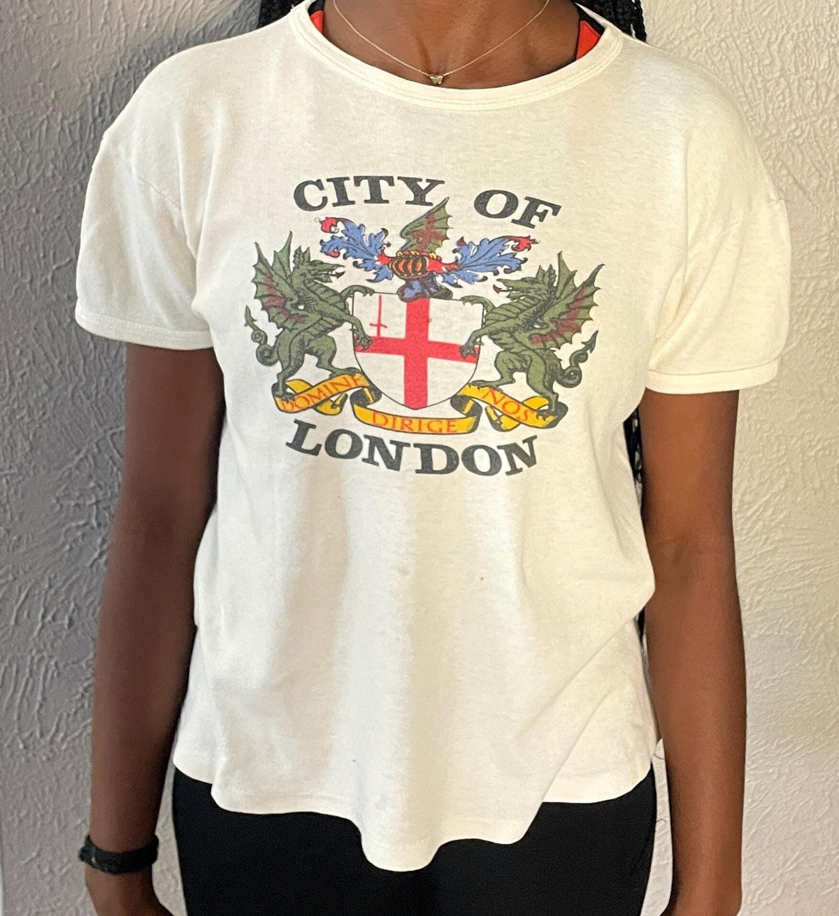 Vintage 80s City Of London white Tshirt modeled size M Graphic Tee – Aesthetic Look · Must-Have Style
