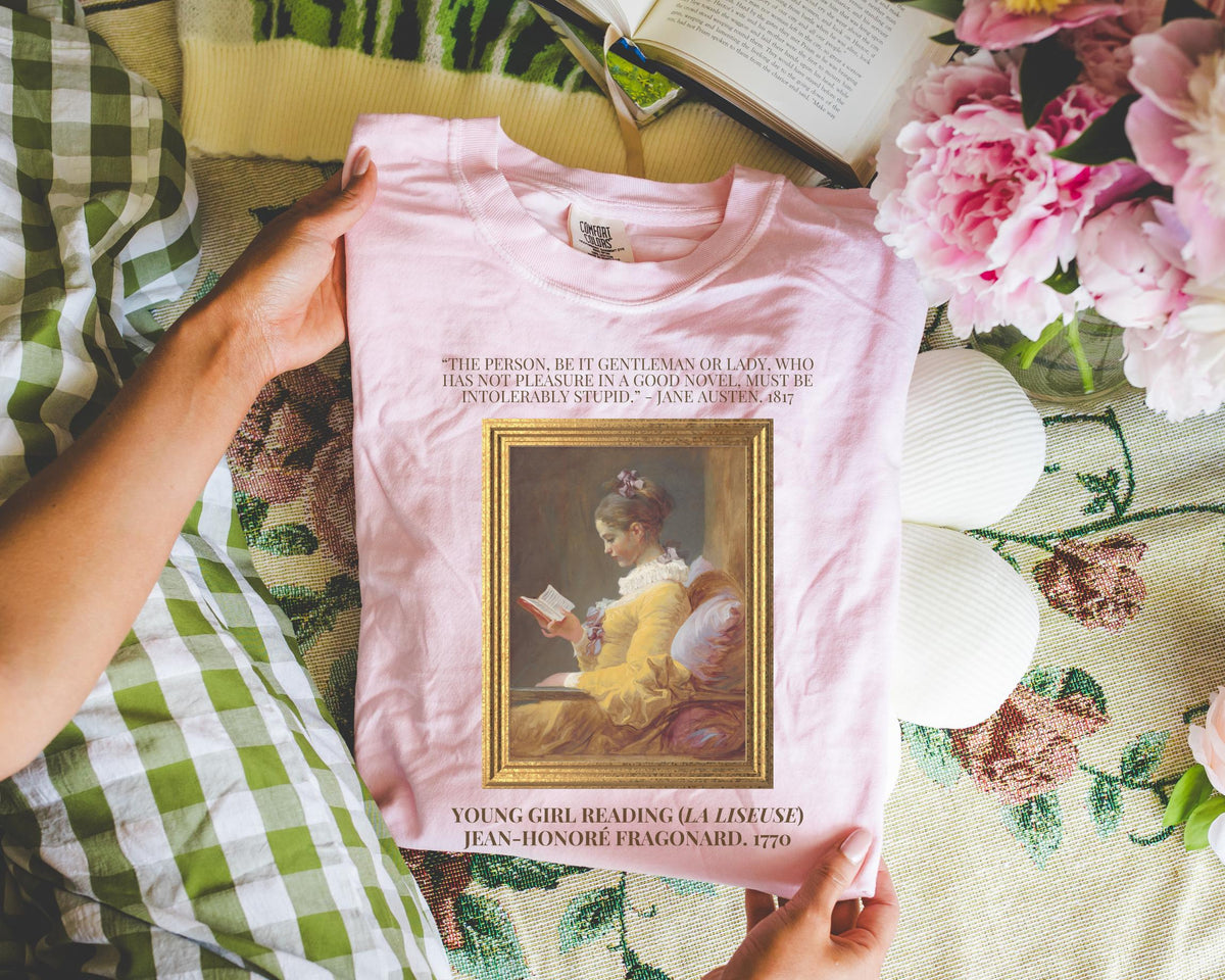 Jane Austen Reading Tee Shirt Northanger Abbey Young Girl Reading by JeanHonor Fragonard Cute Bookish Gift for Librarian or Bookworm Graphic Tee – Aesthetic Look · Must-Have Style
